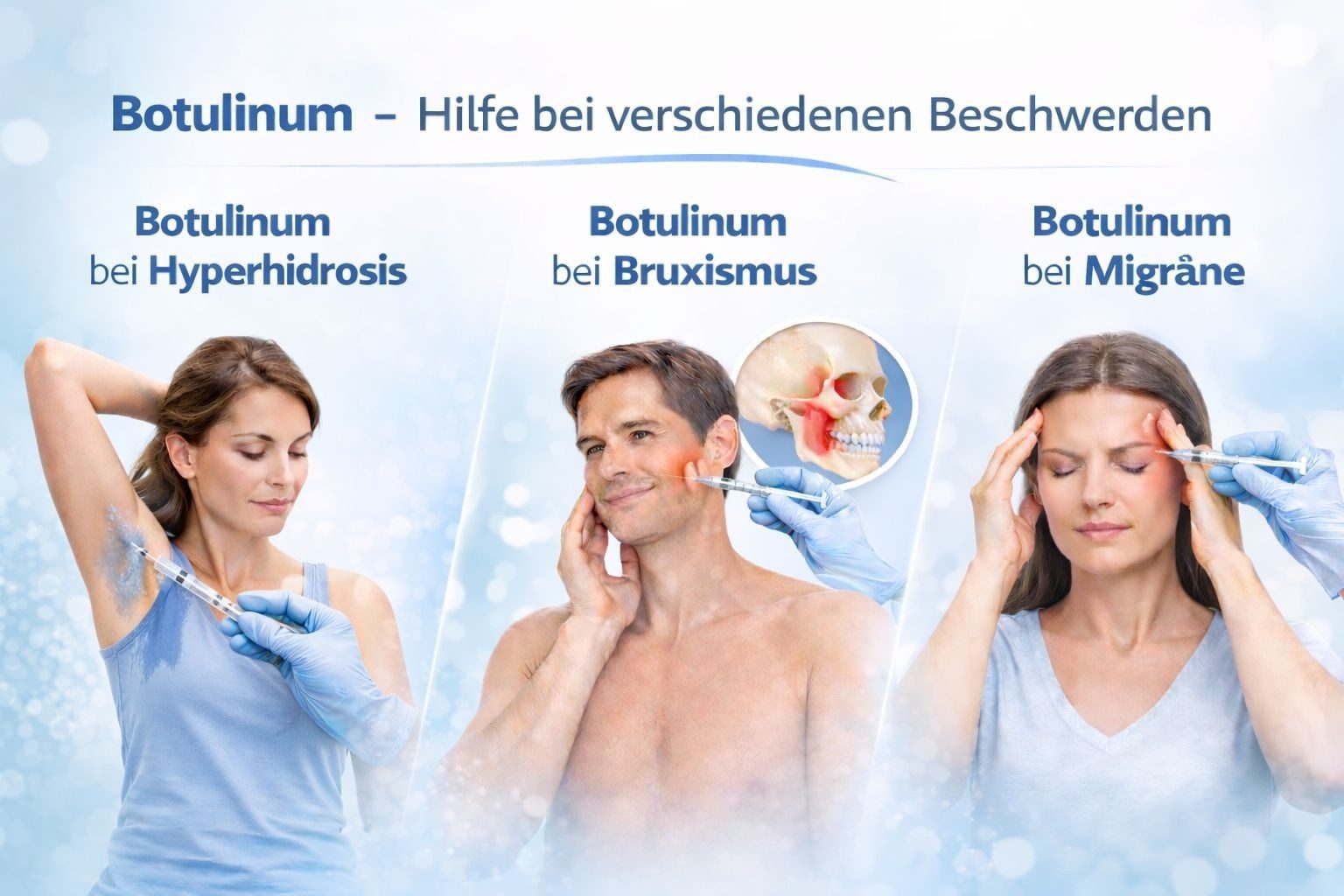 Übersicht: medizinische Indikationen für Botulinumtoxin – Hyperhidrose, Bruxismus, Migräne
