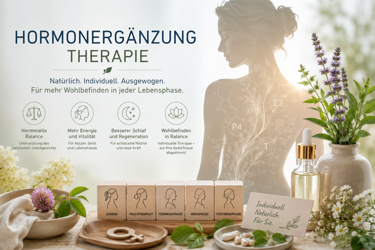 Infografik Hormonergänzungstherapie: natürlich, individuell, ausgewogen