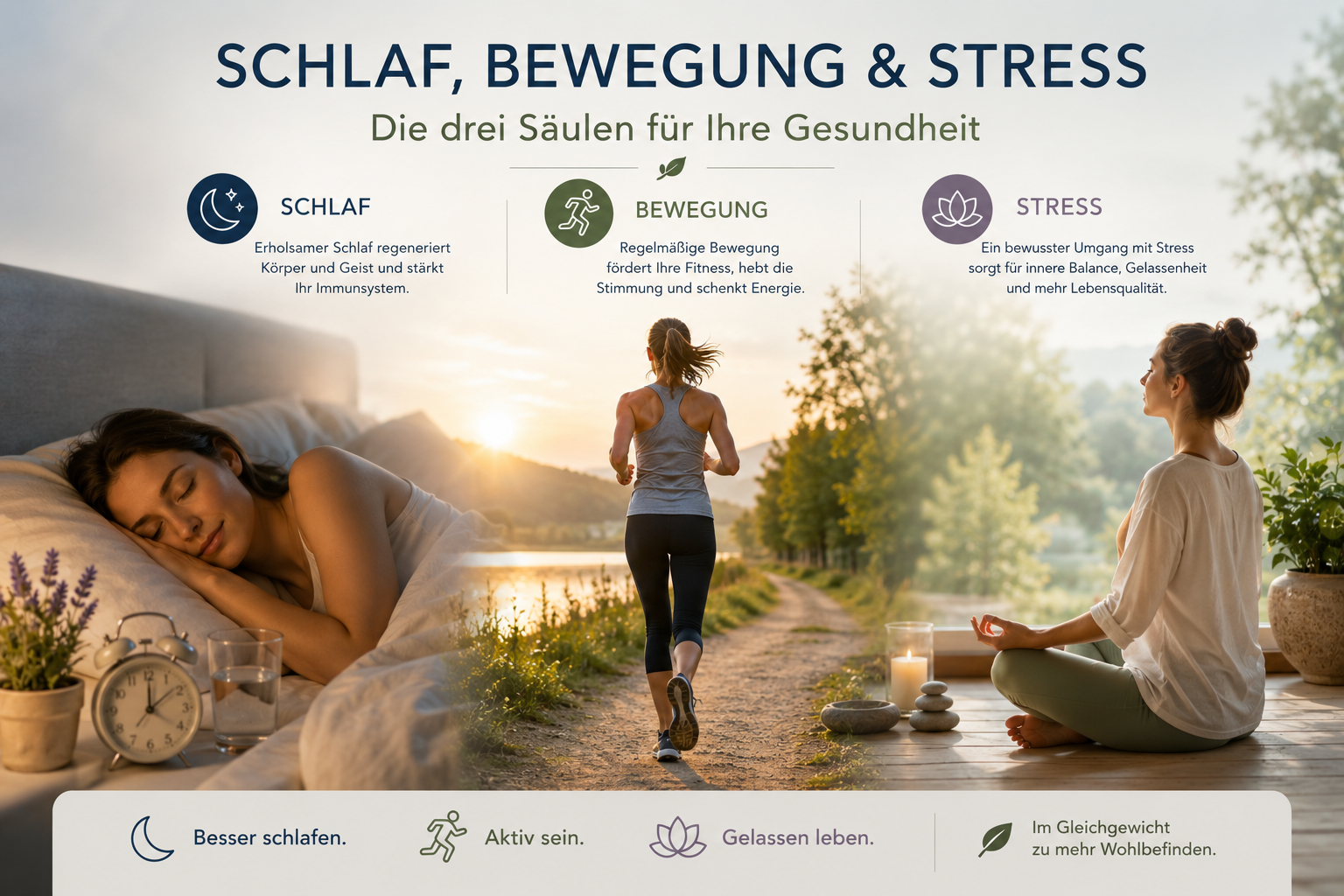 Infografik Schlaf, Bewegung und Stress: die drei Säulen für Ihre Gesundheit